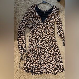 Free People Black and Cream Floral Long Sleeve Dress